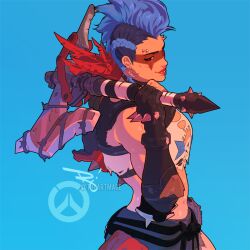 Rule 34 | 1girl, axe, blue background, blue hair, breasts, detached sleeves, earrings, facial mark, feathers, gloves, holding, holding weapon, jewelry, junker queen (overwatch), lip piercing, medium breasts, muscular, muscular female, overwatch, piercing, red eyes, spiked knuckles, the art mage, weapon