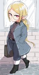 Rule 34 | 1girl, belt, black belt, black footwear, black shirt, blonde hair, blue coat, blue pants, boots, brick, brick wall, bright pupils, buckle, buttons, closed mouth, coat, collared shirt, expressionless, from side, full body, glasses, hands in pockets, highres, holding, holding suitcase, inarou (rakugakiproject), knee boots, long hair, long sleeves, looking at viewer, open clothes, open coat, original, outdoors, pants, pants rolled up, parted bangs, pointy ears, ponytail, purple shirt, red eyes, rimless eyewear, shirt, shortstack, sketch, solo, suitcase, trench coat, turtleneck, undershirt, very long hair, walking, white pupils, window