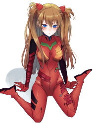 Rule 34 | 1girl, absurdres, artist request, ass, blush, bodysuit, breasts, highres, interface headset, long hair, looking at viewer, medium breasts, neon genesis evangelion, plugsuit, rebuild of evangelion, shiny clothes, sitting, skin tight, solo, souryuu asuka langley, two side up, very long hair, white background, wide hips