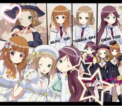 Rule 34 | 10s, 3girls, :d, :o, ;), ;d, a-rise, bare shoulders, beret, blush, brown hair, character name, earrings, elbow gloves, flower, gloves, green eyes, hair flower, hair ornament, hairband, hat, heart, highres, idol, jewelry, kira tsubasa, long hair, looking at viewer, love live!, love live! school idol project, mole, mole under eye, montage, multiple girls, multiple views, one eye closed, open mouth, outstretched arm, pointing, pointing at viewer, private wars, purple eyes, purple hair, ryoutan, school uniform, shocking party, short hair, skirt, sleeveless, smile, star (symbol), thighhighs, todo erena, utx school uniform, white gloves, witch, witch hat, yuuki anju