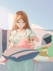 Rule 34 | 2girls, absurdres, bang dream!, bang dream! it&#039;s mygo!!!!!, blue eyes, blue shirt, brown hair, brown sweater vest, chihaya anon, chinese commentary, closed eyes, closed mouth, collared shirt, commentary request, couch, cushion, demonwarlock, frilled shirt, frills, green necktie, haneoka school uniform, highres, indoors, lap pillow, long hair, multiple girls, nagasaki soyo, necktie, on couch, pink hair, school uniform, shirt, short sleeves, sitting, smile, sweater vest, white shirt, yuri
