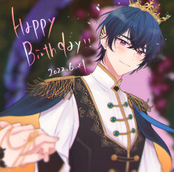 Rule 34 | 1boy, 1other, black cape, black hair, black vest, blurry, blurry background, blush, cape, closed mouth, crown, dated, depth of field, epaulettes, hair between eyes, happy birthday, highres, holding hands, looking at viewer, male focus, marius von hagen (tears of themis), mini crown, mtkignsn, purple eyes, shirt, smile, solo focus, tears of themis, thick eyebrows, vest, white shirt