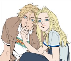 Rule 34 | 1boy, 1girl, alternate costume, blue eyes, brown shirt, closed mouth, ezreal, grey background, grey shirt, hair between eyes, hand on another&#039;s chin, hand up, league of legends, long hair, looking at viewer, lux (league of legends), mush820823, open clothes, open shirt, overalls, parted bangs, shirt, short sleeves, simple background, sitting, smile