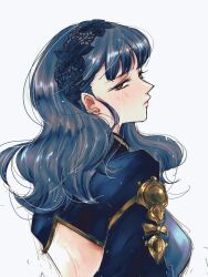 Rule 34 | 1girl, backless dress, backless outfit, blue dress, blue hair, blue hairband, breasts, brown eyes, closed mouth, clothing cutout, commentary request, dress, fire emblem, fire emblem: three houses, fire emblem warriors: three hopes, gold trim, hairband, half-closed eyes, highres, hk 539099410, lace-trimmed hairband, lace trim, long hair, looking at viewer, marianne von edmund, medium breasts, nintendo, official alternate costume, official alternate hairstyle, simple background, solo, wavy hair, white background