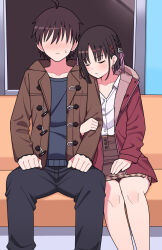Rule 34 | 1boy, 1girl, ahoge, arm hug, black hair, black pants, blush, braid, brown hair, brown jacket, brown skirt, cafe stella to shinigami no chou, closed eyes, closed mouth, coat, commentary, couple, embarrassed, feet out of frame, flower, frown, fur-trimmed hood, fur trim, hair flower, hair ornament, hair ribbon, hairclip, hands on own thighs, head on another&#039;s shoulder, hetero, high-waist skirt, hood, hood down, jacket, long sleeves, no eyes, nose blush, official alternate costume, open clothes, open coat, open jacket, pants, pink ribbon, red coat, ribbon, shiki natsume, shirt, short hair, side-by-side, side braid, sitting, skirt, sweatdrop, symbol-only commentary, takamine kousei, train interior, white flower, white shirt, winter clothes, zlmh7okwwbmghfo