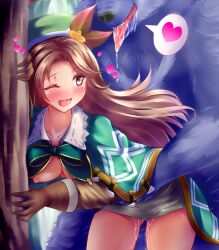 Rule 34 | 1boy, 1girl, against tree, bestiality, breasts, brown hair, clothed sex, furry, furry male, furry with non-furry, granblue fantasy, heart, highres, interspecies, jasmine (granblue fantasy), medium breasts, outdoors, pussy juice, sex, sex from behind, skirt, smile, spoken heart, standing, standing sex, stir255, tree, werewolf