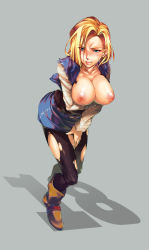Rule 34 | 1girl, android 18, blonde hair, blue eyes, blush, boots, breast hold, breasts, breasts out, collarbone, dragon ball, full body, grey background, highres, jacket, juvecross, large breasts, leaning forward, long sleeves, looking to the side, nipples, no bra, open clothes, open jacket, pantyhose, pink lips, simple background, skirt, solo, sweatdrop, torn clothes, torn pantyhose, torn sleeves