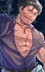 Rule 34 | 1boy, bara, belt, brown belt, dagon (housamo), facial hair, jewelry, large pectorals, long sideburns, male focus, mature male, muscular, muscular male, necklace, noramoso, open mouth, pants, partially unbuttoned, pectoral cleavage, pectorals, purple shirt, shirt, short hair, sideburns, smile, solo, stubble, teeth, tokyo houkago summoners, tongue, tongue out, white pants