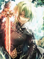 Rule 34 | 1boy, armor, byleth (fire emblem), byleth (male) (fire emblem), cape, closed mouth, fire, fire emblem, fire emblem: three houses, gloves, glowing, glowing sword, glowing weapon, grass, green eyes, green hair, heroes relic (fire emblem), highres, holding, holding sword, holding weapon, nintendo, sheath, sword, sword of the creator, tida 2112, tree, weapon