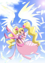 Rule 34 | 00s, 1girl, angel wings, blonde hair, blue background, boots, choker, cure angel (fresh precure!), cure peach, cure peach (angel), feathers, fresh precure!, full body, hair ornament, hairpin, haru (nature life), heart, heart hair ornament, heart hands, knee boots, long hair, magical girl, momozono love, pink eyes, pink footwear, precure, purple thighhighs, skirt, sky, smile, solo, thighhighs, thighhighs under boots, twintails, white wings, wings, wrist cuffs