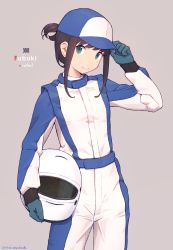 Rule 34 | 1girl, black hair, blue gloves, character name, closed mouth, cowboy shot, dated, fubuki (kancolle), gloves, green eyes, green gloves, grey background, hat, helmet, highres, holding, holding helmet, kantai collection, long sleeves, medium hair, nakaaki masashi, official alternate costume, pants, racing suit, short ponytail, sidelocks, simple background, smile, solo, standing, twitter username, unworn headwear