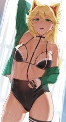 Rule 34 | 1girl, absurdres, arm behind head, backlighting, black bra, black shorts, blonde hair, bra, breasts, breasts apart, burn the witch, candy, collarbone, commentary, curtains, double-parted bangs, english commentary, food, food in mouth, green eyes, green jacket, highres, holding, holding leash, jacket, large breasts, leash, lollipop, long hair, looking at viewer, micchan (micchanmeido), micro shorts, multiple thigh straps, ninny spangcole, off shoulder, open clothes, open jacket, open mouth, shorts, single bare shoulder, solo, sweat, twintails, underwear, window