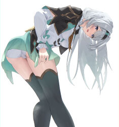 Rule 34 | 1girl, absurdres, ass, bakemonsou, black hairband, black jacket, commentary, firefly (honkai: star rail), grey eyes, grey hair, hairband, highres, honkai: star rail, honkai (series), jacket, kneepits, leaning forward, long hair, long sleeves, looking at viewer, looking back, neckerchief, open mouth, orange neckerchief, panties, simple background, solo, underwear, white background, white panties