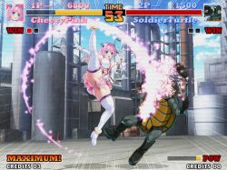 Rule 34 | 1girl, aigan tenshi cheery pink, aigan tenshi cheery pink ~counter drive~, ass, attack, blue eyes, breasts, cheery pink, command input, earrings, elbow gloves, factory, fake screenshot, fighting game, flying kick, gameplay mechanics, gloves, hair ornament, health bar, high kick, highres, jewelry, k.o., kicking, large breasts, long hair, magical girl, open mouth, original, panties, pink hair, pink panties, sakuraba momoka, striped clothes, striped panties, thighhighs, underwear, v-mag, video game, white gloves