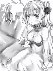 Rule 34 | 1girl, ahoge, azur lane, bad id, bad pixiv id, bare shoulders, blush, breasts, cleavage, closed mouth, criss-cross halter, detached sleeves, dress, greyscale, halterneck, heart, highres, long hair, long sleeves, looking at viewer, medium breasts, monochrome, nanashi (nlo), one side up, sitting, smile, solo, stuffed unicorn, unicorn (azur lane)