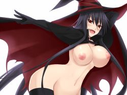Rule 34 | 1girl, abdominal line, akitsuki karasu, black hair, bouncing breasts, breasts, cape, curvy, fang, female focus, gloves, hat, kurochijo, long hair, naked cape, navel, nipple holes, nipples, nude, open mouth, red eyes, simple background, solo, source request, white background, witch hat