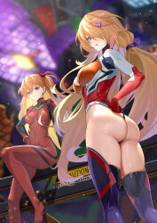 Rule 34 | 2girls, absurdres, adapted costume, ass, black thighhighs, blonde hair, blue eyes, blurry, blurry background, breasts, cleavage, closed mouth, cosplay, crossover, curvy, depth of field, from behind, gloves, hair over one eye, hand on own hip, highleg, highleg leotard, highres, huge ass, lazgear, leotard, long hair, looking at viewer, looking back, medium breasts, multiple girls, nemesis (tower of fantasy), neon genesis evangelion, one side up, plugsuit, red eyes, red gloves, red leotard, shiny clothes, shiny skin, sitting, smile, souryuu asuka langley, souryuu asuka langley (cosplay), standing, thighhighs, thighs, tower of fantasy, twisted torso, very long hair, wide hips