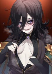 Rule 34 | 1girl, black dress, black jacket, blush, breasts, breasts apart, breath, bridal gauntlets, brown background, cleavage cutout, clothing cutout, dress, gradient background, granblue fantasy, hair between eyes, highres, jacket, lich (granblue fantasy), looking at viewer, nail polish, open mouth, pale skin, purple eyes, purple nails, purple robe, robe, saru (pixiv13751598), sharp teeth, signature, smile, solo, sweat, teeth, tongue, upper body