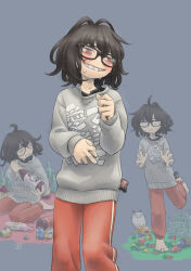 Rule 34 | 1girl, averting eyes, barefoot, beer can, black hair, black shirt, blush, bottle, can, cat, chiyo maru, commentary request, crying, crying with eyes open, drink can, drooling, drunk, glasses, grey background, grey sweater, grin, half-closed eyes, holding, holding bottle, layered clothes, medium hair, messy hair, mouth drool, multiple views, nervous, nervous smile, nervous sweating, original, pants, print sweater, red eyes, red pants, sake bottle, shirt, smile, standing, standing on one leg, sweat, sweater, tears, text print, toy, toy block, toy car, track pants, translation request