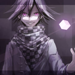 Rule 34 | 1boy, black scarf, buttons, checkered clothes, checkered scarf, commentary request, cube, danganronpa (series), danganronpa v3: killing harmony, double-breasted, fingernails, glowing, grin, hair between eyes, jacket, letterboxed, long sleeves, looking at viewer, male focus, nagichiro, oma kokichi, outstretched hand, pink eyes, purple background, purple eyes, purple theme, scarf, short hair, simple background, smile, solo, straight-on, two-tone scarf, upper body, white jacket, white scarf, white sleeves