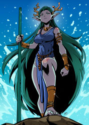 Rule 34 | adventurequest, adventurequest worlds, aquella(adventurequest), armband, barefoot, blue dress, bracer, breasts, colored skin, coral, coral hair ornament, dress, elf, glowing, gold necklace, green hair, grey skin, highres, horns, jewelry, kukuruyo, long hair, medium breasts, morning, necklace, no bra, no panties, ocean, pointy ears, solo, staff, sunlight, very long hair