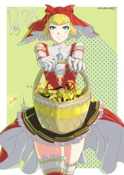 Rule 34 | 1girl, absurdres, adam kun arts, apple, apron, bare shoulders, basket, blonde hair, blue eyes, breasts, dress, elbow gloves, food, frills, fruit, garter straps, gloves, golden apple, highres, hood, idunn (megami tensei), looking at viewer, shin megami tensei, shin megami tensei v, short hair, simple background, skirt, small breasts, smile, solo, thighhighs