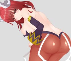Rule 34 | 1girl, ass, back, blush, breasts, demon girl, demon horns, horns, la pucelle, large breasts, looking at viewer, maou prier, medium hair, mole, prier, red eyes, red hair, sawanouchi, shiny skin, sideboob, simple background, smile, solo