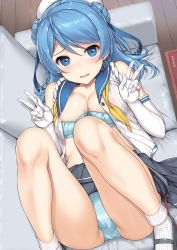 Rule 34 | 10s, 1girl, areola slip, blue bra, blue eyes, blue hair, blue panties, bra, bra pull, breasts, cleavage, clothes lift, clothes pull, double bun, double v, dutch angle, elbow gloves, gloves, hair between eyes, hair bun, hat, indoors, kantai collection, looking at viewer, lying, mary janes, medium breasts, neckerchief, on back, open clothes, open mouth, open shirt, panties, sailor collar, sailor shirt, shirt, shoes, skirt, skirt lift, socks, solo, swept bangs, takayaki, torn clothes, torn neckerchief, underwear, undone neckerchief, urakaze (kancolle), v, white gloves, white socks