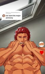 Rule 34 | 1boy, abs, bara, beard, commentary, dark-skinned male, dark skin, english commentary, english text, facial hair, fate/grand order, fate/zero, fate (series), foreshortening, from below, frown, hands up, heart, highres, iskandar (fate), large pectorals, loboke, looking at viewer, male focus, mature male, meme, muscular, muscular male, napoleon bonaparte (fate), navel, nude, pectoral focus, pectoral lift, pectoral squeeze, pectorals, perspective, red eyes, red hair, scar, scar on chest, short hair, solo, stomach, thick eyebrows, we want the major pectussy (meme)