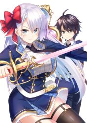Rule 34 | 1boy, 1girl, absurdres, belt, black necktie, blue eyes, blue jacket, blue skirt, bow, breasts, brown hair, earrings, excalibur academy uniform, hair bow, high-waist skirt, highres, holding, holding staff, holding sword, holding weapon, jacket, jewelry, keigen hichou, large breasts, leonis death magnus, long hair, looking at viewer, necktie, official art, pants, purple eyes, rapier, red bow, riselia ray crystalia, seiken gakuin no maken tsukai, short hair, skirt, smile, staff, sword, weapon, white belt, white hair, wing collar