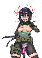 Rule 34 | &gt;:d, 1girl, belt, belt buckle, belt pouch, bike shorts, black hair, black thighhighs, blue eyes, blue stripes, blush, breasts, buckle, clothing aside, drooling, elbow gloves, gijun, gloves, green gloves, green shirt, hair ornament, hairclip, harness, heart, heart-shaped pupils, holster, long hair, medium breasts, naughty face, nipples, no bra, open mouth, original, panties, panties aside, ponytail, pouch, pussy, pussy juice, saliva, sex toy, shirt, shorts, simple background, smile, solo, standing, striped clothes, striped panties, sweat, symbol-shaped pupils, tearing clothes, thigh holster, thighhighs, torn bike shorts, torn clothes, torn shirt, torn shorts, torn thighhighs, turtleneck, underwear, utility belt, v-shaped eyebrows, very long hair, vibrator, white background, zettai ryouiki
