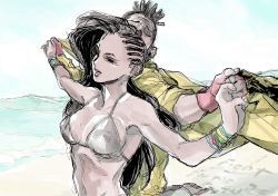 Rule 34 | 1boy, 1girl, absurdres, asymmetrical hair, bikini, bracelet, breasts, brother and sister, commentary, cornrows, covered erect nipples, dark skin, dougi, english commentary, closed eyes, fingerless gloves, gloves, highres, holding hands, jewelry, large breasts, laura matsuda, long hair, ocean, outstretched arms, parody, parted lips, red gloves, sean matsuda, short hair, siblings, sketch, strap gap, street fighter, street fighter iii (series), street fighter v, swimsuit, titanic (movie), yoshihara motoki