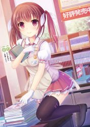 Rule 34 | 1girl, apron, black footwear, black thighhighs, window blinds, blouse, blush, book, book stack, bookshelf, bookstore, bow, bow legwear, brown hair, dutch angle, employee uniform, frilled skirt, frills, gloves, grey footwear, hair ribbon, highres, holding, holding book, indoors, leg up, light particles, loafers, long hair, looking at viewer, moe2016, name tag, necktie, no symbol, original, pink bow, pleated skirt, pocket, puffy short sleeves, puffy sleeves, purple eyes, red eyes, red necktie, red skirt, ribbon, shirt, shoes, shop, short sleeves, sign, skirt, smile, solo, table, thighhighs, twintails, umitonakai, uniform, vest, white gloves, white shirt, window, zettai ryouiki