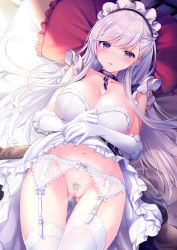 Rule 34 | 1girl, azur lane, bare shoulders, belfast (azur lane), black dress, blush, braid, breasts, broken, broken chain, chain, cleavage, cleft of venus, clothes lift, collarbone, commentary request, cowboy shot, dress, dress lift, elbow gloves, female pubic hair, french braid, frilled dress, frilled gloves, frills, garter belt, garter straps, gloves, groin, hair between eyes, large breasts, lifting own clothes, long hair, looking at viewer, lying, maid, maid headdress, midriff, navel, on back, on bed, parted lips, pillow, pontaro18, pubic hair, purple eyes, pussy, sidelocks, silver hair, skindentation, solo, sweat, thighhighs, white gloves, white thighhighs