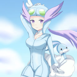 Rule 34 | 1girl, altaria, bird, breasts, cloud, creatures (company), game freak, gen 3 pokemon, gloves, goggles, gym leader, hand on head, highres, large breasts, long hair, nintendo, pokemon, pokemon (creature), pokemon oras, ponytail, purple eyes, purple hair, sky, smile, solo, white gloves, winona (pokemon)