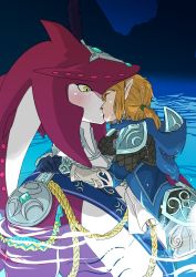 Rule 34 | 2boys, blush, couple, french kiss, kiss, link, male focus, multiple boys, nintendo, partially submerged, sidon, the legend of zelda, the legend of zelda: breath of the wild, water, yaoi