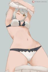 Rule 34 | 1girl, animal ears, breasts, cat ears, cleavage, clothes lift, from below, gluteal fold, grey background, grey hair, highres, lifted by self, mio (xenoblade), panties, shirt lift, short hair, simple background, solo, underwear, undone skirt, undressing, xenoblade chronicles (series), xenoblade chronicles 3, zelc-face