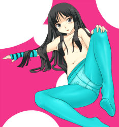Rule 34 | 00s, 1girl, akiyama mio, bad id, bad pixiv id, black hair, blue pantyhose, censored, convenient censoring, crotch seam, don&#039;t say &quot;lazy&quot;, feet, fingerless gloves, gloves, hair censor, hair over breasts, k-on!, lambdaguti, navel, panties, panties under pantyhose, pantyhose, see-through, solo, topless, underwear