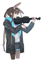 Rule 34 | 1girl, amiya (arknights), animal ears, arknights, black jacket, black pantyhose, black skirt, bow (music), brown hair, chinese commentary, closed mouth, commentary request, cowboy shot, expressionless, highres, holding, holding bow (music), holding instrument, holding violin, hood, hooded jacket, instrument, jacket, jewelry, long hair, long sleeves, molu stranger, multiple rings, music, pantyhose, playing instrument, pleated skirt, profile, rabbit ears, ring, shirt, simple background, skirt, solo, thigh strap, violin, white background, white shirt
