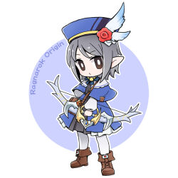 Rule 34 | 1girl, ankle boots, blue capelet, blue hat, boots, bow (weapon), bright pupils, brown eyes, brown footwear, capelet, copyright name, dress, feathers, fold-over boots, full body, grey hair, hat, holding, holding bow (weapon), holding weapon, legs apart, letter, looking at viewer, no nose, pantyhose, pointy ears, ragnarok online, ragnarok origin, short hair, sniper (ragnarok online), solo, standing, weapon, white pantyhose, white pupils, yuruko (seiga8946606)