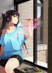 Rule 34 | 1girl, black hair, bug, butterfly, colored pencil, drawing, hair ornament, hairclip, highres, indoors, bug, long hair, looking away, looking outside, original, pencil, samurai10932, shorts, sitting, smile, solo, twintails, window, yellow eyes