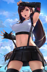 Rule 34 | 1girl, 2boys, aircraft, arm up, barret wallace, bike shorts, black gloves, black skirt, black thighhighs, breasts, brown hair, cloud, cloud strife, cloudy sky, commentary, crop top, day, earrings, elbow gloves, english commentary, final fantasy, final fantasy vii, final fantasy vii remake, fingerless gloves, gloves, hand on own head, highres, highwind, jewelry, large breasts, long hair, looking at viewer, midriff, miniskirt, multiple boys, navel, open mouth, outdoors, red eyes, revision, shorts, shorts under skirt, skirt, sky, sleeveless, solo focus, square enix, stomach, suspender skirt, suspenders, sweat, thighhighs, tifa lockhart, twitter username, underwear, unsomnus, very long hair, zipper, zipper pull tab