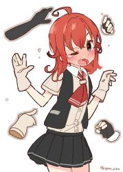 Rule 34 | 10s, :o, ahoge, arashi (kancolle), artist request, black eyes, blush, collared shirt, commentary request, detached arm, fingerless gloves, gloves, kantai collection, miniskirt, neckerchief, nose blush, one eye closed, open clothes, open vest, pleated skirt, red hair, school uniform, shirt, short hair, simple background, skirt, solo, twitter username, vest, white background