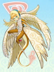 Rule 34 | 1girl, blonde hair, blue eyes, closed mouth, copyright name, dress, ears through headwear, flying, halo, highres, looking at viewer, monster girl, multiple wings, pelvic curtain, ruteko (ruko220), solo, tail, white dress, wings