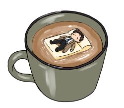 Rule 34 | 1boy, brown hair, castiel, closed eyes, coat, coffee cup, cup, diminuel, disposable cup, floating, full body, lying, male focus, mini person, miniboy, on back, simple background, solo, supernatural (tv series), trench coat, white background