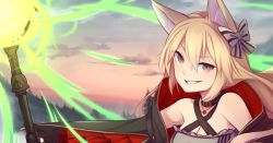 Rule 34 | 1girl, animal ears, arknights, bare shoulders, black collar, blonde hair, bow, breeze (arknights), brown eyes, collar, commentary, english commentary, grin, hair between eyes, hair bow, highres, long hair, looking at viewer, smile, solo, speckticuls, staff, striped, striped bow, v-shaped eyebrows
