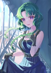 Rule 34 | 1girl, absurdres, alternate costume, alternate hairstyle, black gloves, blue dress, blush, braid, building, column, commentary request, dress, fate/grand order, fate (series), gloves, green hair, highres, jewelry, long hair, looking at viewer, necklace, noneko127, open mouth, outdoors, parted bangs, pillar, purple eyes, ring, salome (fate), solo, twin braids