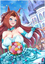 Rule 34 | 6+girls, :d, absurdres, air groove (umamusume), animal ears, aqua dress, aqua gloves, arm up, bare shoulders, black dress, blue choker, blue eyes, blue sky, blush, bouquet, bow, braid, breasts, brown hair, castle, choker, cleavage, cloud, collarbone, commentary request, dated, day, dress, ear ornament, ear ribbon, elbow gloves, faceless, faceless female, falling petals, flower, gloves, hair intakes, hand up, highres, hishi akebono (umamusume), holding, holding bouquet, horse ears, horse girl, jewelry, kawakami princess (bride-to-be!!) (umamusume), kawakami princess (umamusume), king halo (umamusume), large breasts, long hair, looking to the side, mayano top gun (umamusume), mejiro dober (umamusume), multiple girls, nose blush, open mouth, outdoors, petals, ring, rururugegegege, short hair, sidelocks, sky, smile, solo focus, standing, strapless, strapless dress, teeth, tiara, twintails, twitter username, umamusume, upper teeth only, wedding dress, wedding ring