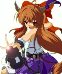 Rule 34 | 1girl, ahoge, belt, bow, brown hair, chain, cuffs, dr. cryptoso, female focus, gourd, hair bow, highres, horn ornament, horn ribbon, horns, ibuki suika, lens flare, long hair, open mouth, red eyes, ribbon, shackles, slit pupils, solo, touhou