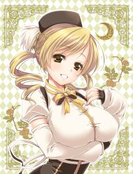Rule 34 | 10s, 1girl, blonde hair, blush, detached sleeves, drill hair, fingerless gloves, gloves, hair ornament, hair ribbon, hat, len togarti, long hair, mahou shoujo madoka magica, mahou shoujo madoka magica (anime), ribbon, smile, solo, tomoe mami, twin drills, twintails, upper body, yellow eyes